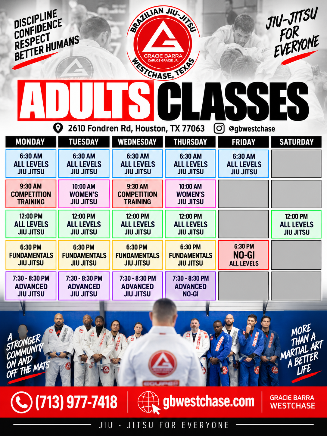 Adult Brazilian Jiu-Jitsu weekly schedule