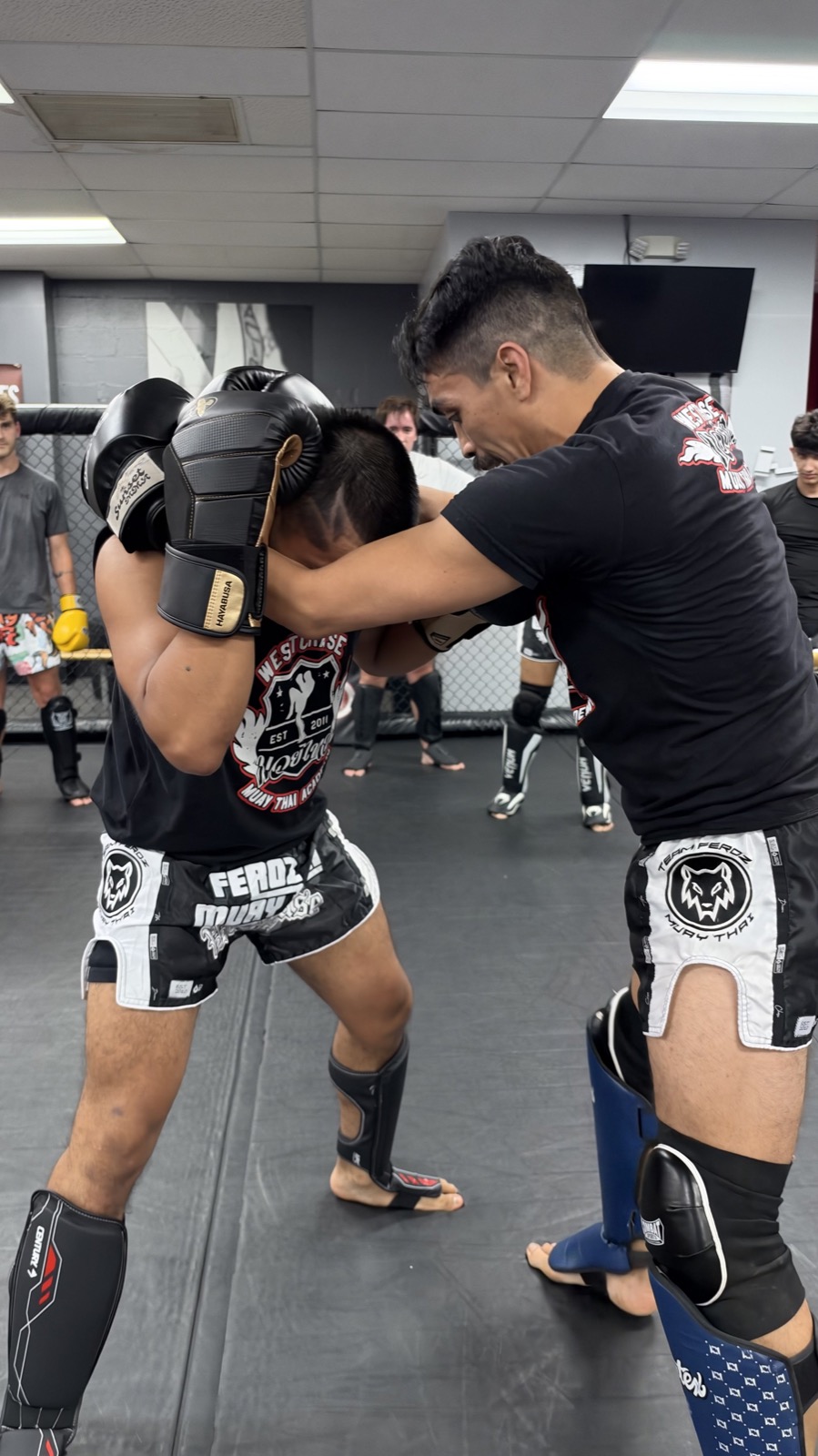 Adult students practicing Muay Thai clinch technique at Gracie Barra Westchase in Houston