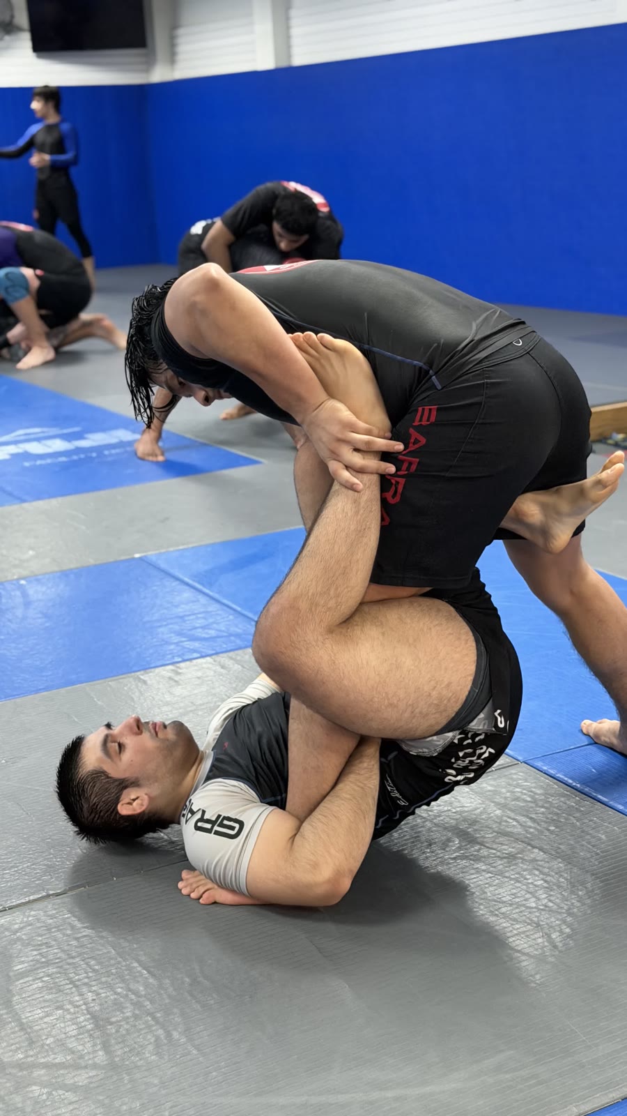 Adult training partners practicing open guard and passing positions in No-Gi class at Gracie Barra Westchase in Houston.