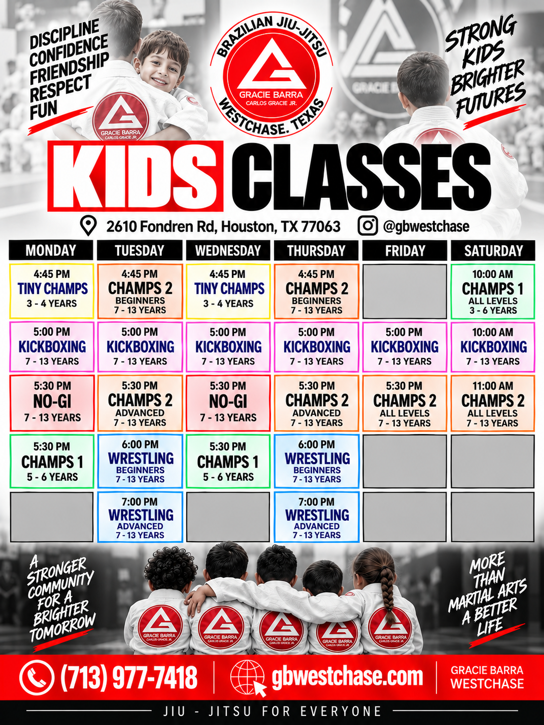 Gracie Barra Westchase kids Jiu-Jitsu, no-gi, kickboxing and wrestling schedule, updated October 27, 2026