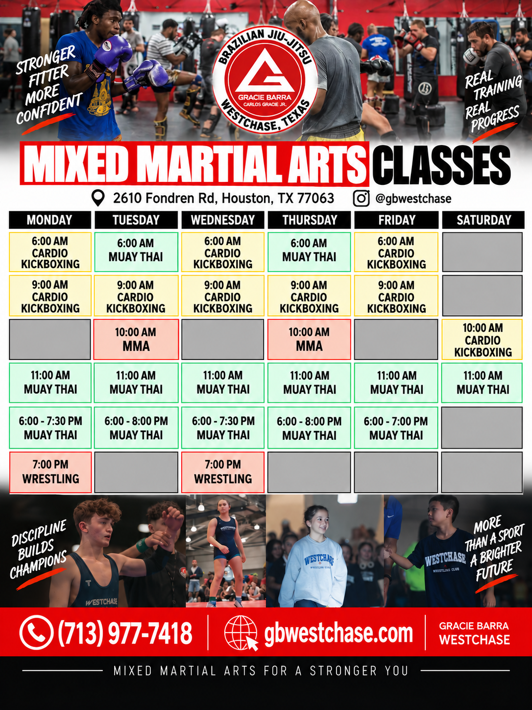 Gracie Barra Westchase MMA, Muay Thai, cardio kickboxing and adult wrestling schedule, updated October 27, 2026